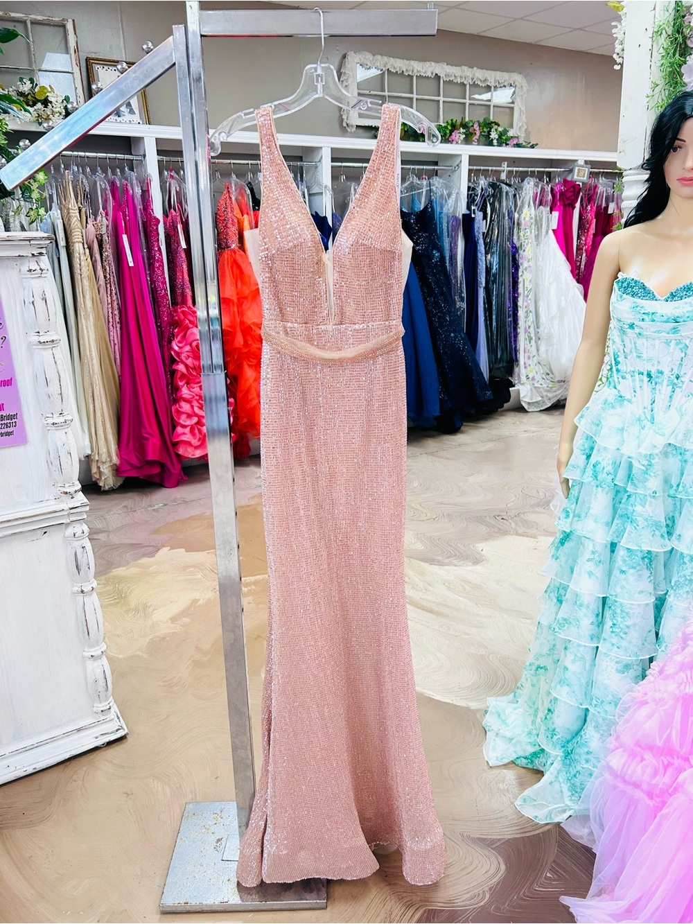 Jovani Blush Pink Sequined V-Neck Evening Gown